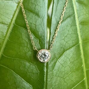 Natural Bezel Set Diamond Pendant Necklace / 18K Solid Gold / 16in Cable Chain